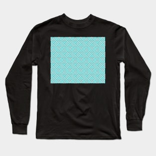 Teal and White Geometric Squares Pattern Long Sleeve T-Shirt